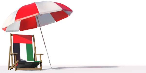 Пляжний стілець з прапором ОАЕ і великою парасолькою. Поїздка чи відпустка, 3d рендеринг — стокове фото