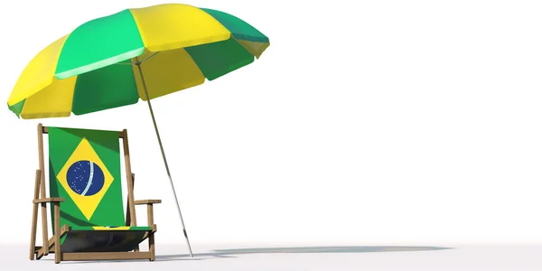 Sedia da spiaggia isolata con bandiera del Brasile e ombrellone grande, concetti di viaggio o vacanza. rendering 3d — Foto Stock