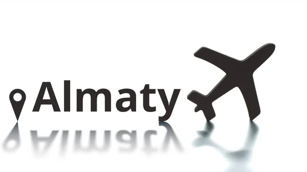 Texto de Almaty con geotag de ciudad e icono de avión. Concepto de llegada —  Fotos de Stock