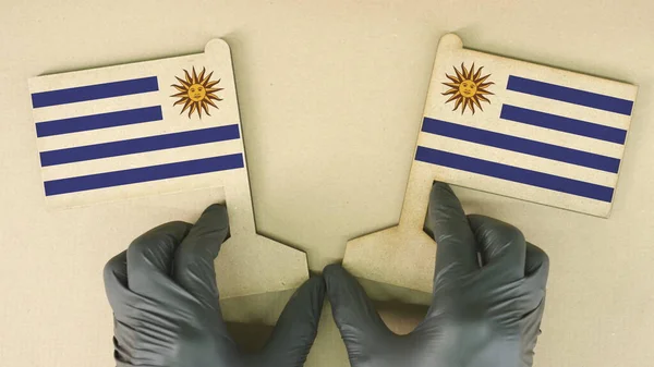 Прапори Уругваю зроблені з картону на столі. — стокове фото