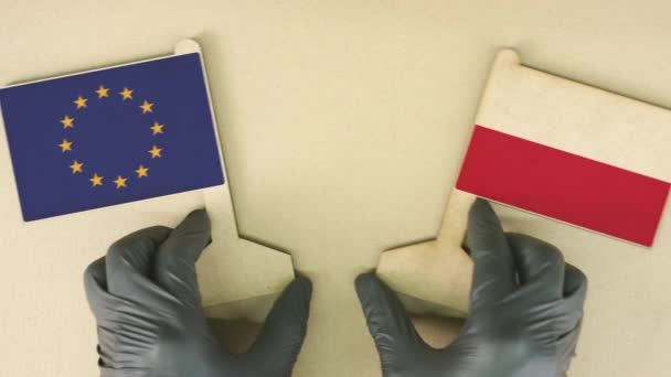 Drapeaux de l'Union européenne et de la Pologne en papier recyclé sur la table en carton — Video