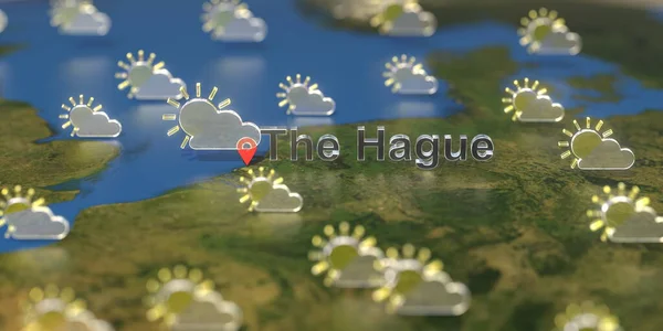 Partly cloudy weather icons near The Hague city on the map, weather forecast related 3D rendering — Stock Photo, Image