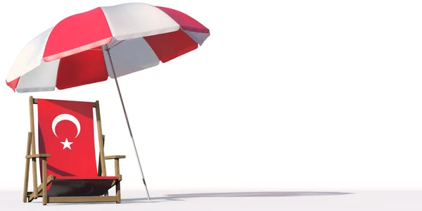 Odizolowane krzesło plażowe z flagą Turcji i dużym parasolem, koncepcjami podróży lub wakacji. 3d renderowanie — Zdjęcie stockowe