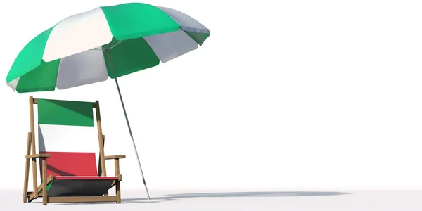 Cadeira de praia com bandeira da Itália e guarda-chuva grande. Conceitos de viagem ou férias, renderização 3d — Fotografia de Stock