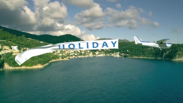 Самолет с плакатом с надписью HOLIDAY на морском фоне — стоковое видео