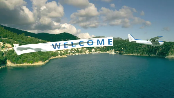 Flugzeug zieht Banner mit WILLKOMMEN Text auf Sommerhintergrund — Stockfoto