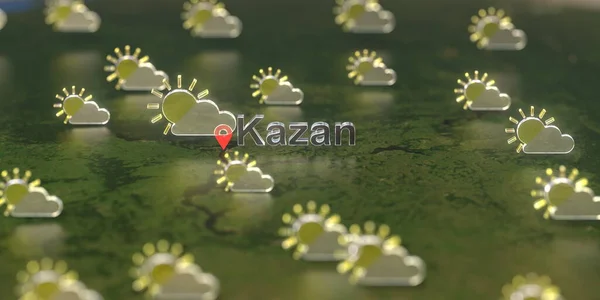 Gedeeltelijk bewolkt weer iconen in de buurt van Kazan stad op de kaart, weersvoorspelling gerelateerde 3D-weergave — Stockfoto