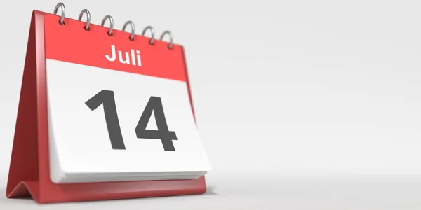 14 июля дата написана на немецком языке на странице календаря переворачивания. 3d-рендеринг — стоковое фото