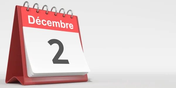 2 грудня: Дата, написана французькою на сторінці flip календаря, 3d рендеринг — стокове фото