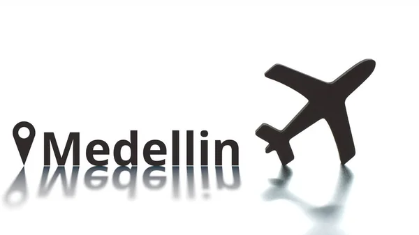 Texto de Medellín, geoetiqueta y silueta del avión. Concepto de viaje —  Fotos de Stock