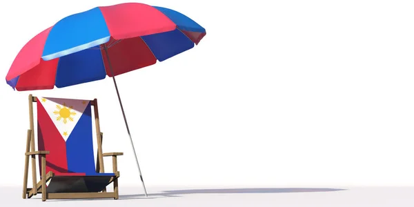 Cadeira de praia com bandeira das Filipinas e guarda-chuva grande. Conceitos de viagem ou férias, renderização 3d — Fotografia de Stock