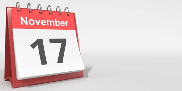 Datum des 17. November auf dem Umblättern des Kalenderblattes. 3D-Darstellung — Stockfoto