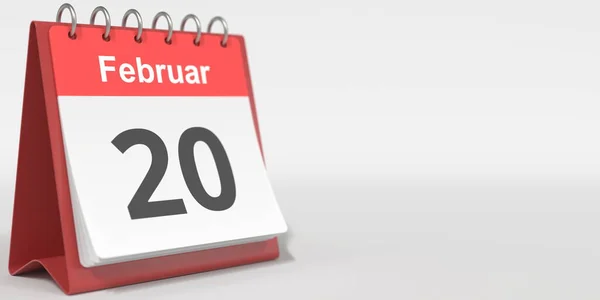 20 de febrero fecha escrita en alemán en la página del calendario flip. renderizado 3d — Foto de Stock
