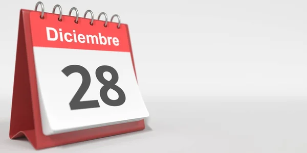 Dezembro 28 data escrita em espanhol no calendário flip, renderização 3d — Fotografia de Stock
