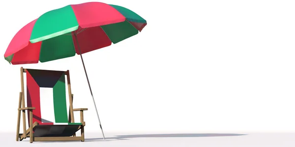 Drapeau du Koweït sur une chaise de plage sous grand parapluie. Vacances ou voyage rendu 3D conceptuel — Photo