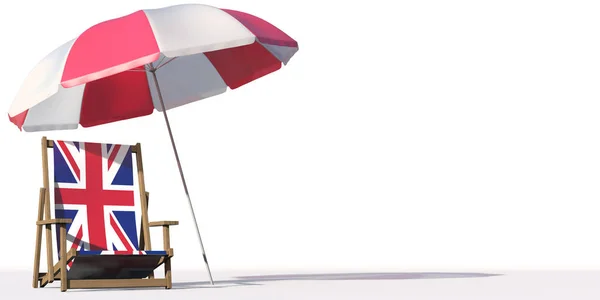 イギリスの国旗と大きな傘、旅行や休暇の概念を持つ独立したビーチチェア。3Dレンダリング — ストック写真
