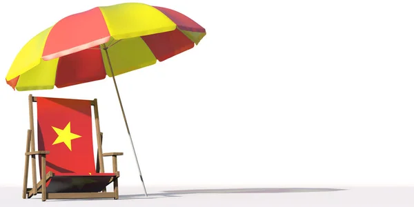 Beach chair with flag of Vietnam and large umbrella. Travel or vacation concepts, 3d rendering — Stock Photo, Image