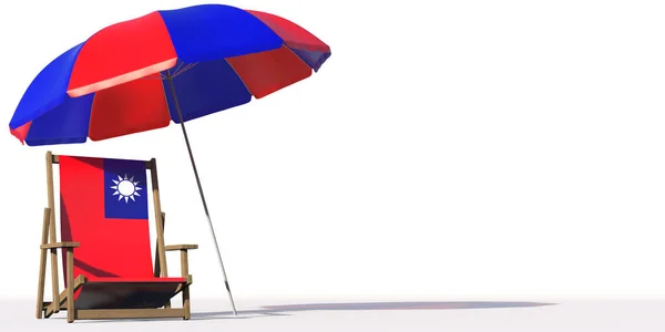 대만의 깃발과 커다란 우산, 여행이나 휴가 개념이 있는 고립 된 해변의자. 3d 렌더링 — 스톡 사진