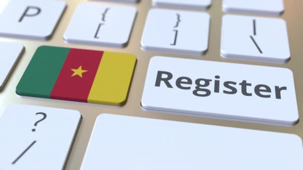 Зареєструйте текст і прапор Камеруну на клавіатурі. Онлайн сервіси пов'язані з 3D анімацією — стокове відео