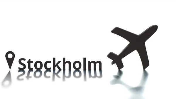 Estocolmo texto, geoetiqueta y silueta del avión, concepto de transporte aéreo —  Fotos de Stock