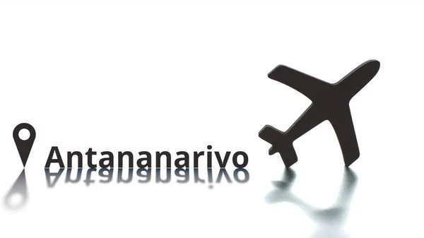 Antananarivo texto, geoetiqueta y silueta del avión, concepto de transporte aéreo —  Fotos de Stock