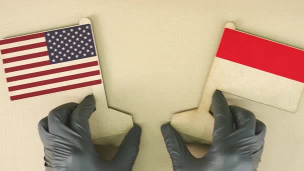 Flagi USA i Indonezji wykonane z papieru z recyklingu na stole tekturowym — Wideo stockowe