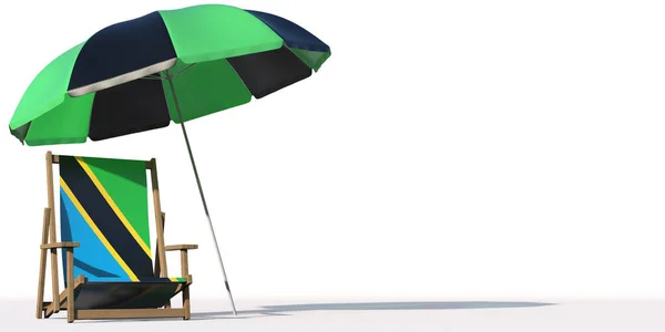 Silla de playa aislada con bandera de Tanzania y grandes conceptos de paraguas, viajes o vacaciones. renderizado 3d —  Fotos de Stock