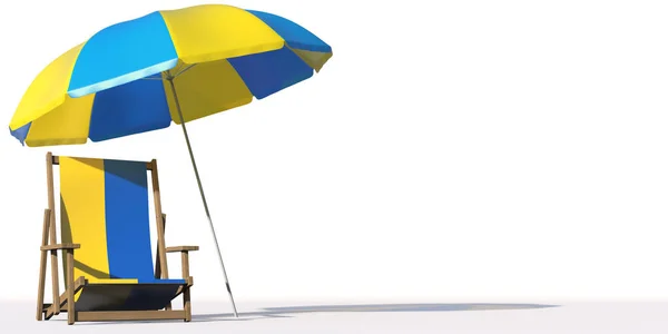 Bandera de Ucrania en una silla de playa bajo un gran paraguas. Renderizado 3D conceptual de vacaciones o viajes — Foto de Stock
