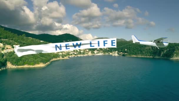 Avión con bandera voladora con texto NEW LIFE sobre fondo de verano — Vídeos de Stock
