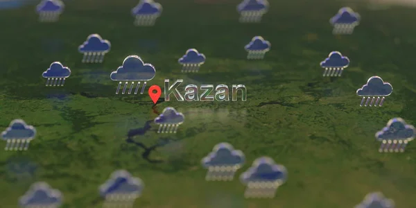 Regenwetter-Symbole in der Nähe der Stadt Kazan auf der Karte, 3D-Rendering zur Wettervorhersage — Stockfoto