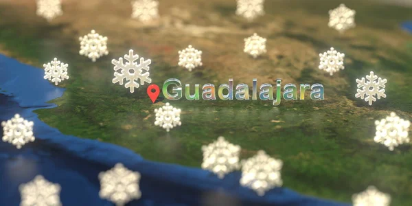 Snowy weather icons near Guadalajara city on the map, weather forecast related 3D rendering — Stock Photo, Image