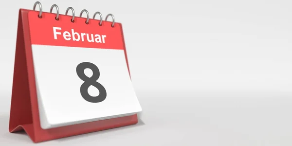 8 de febrero fecha escrita en alemán en la página del calendario flip. renderizado 3d — Foto de Stock