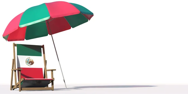 Cadeira de praia com bandeira do México e guarda-chuva grande. Conceitos de viagem ou férias, renderização 3d — Fotografia de Stock