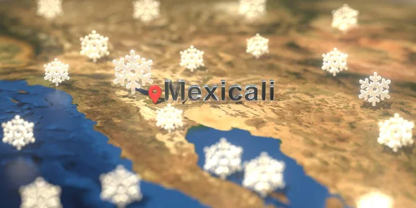 Mexicali city and snowy weather icon on the map, weather forecast related 3D rendering — Stock Photo, Image