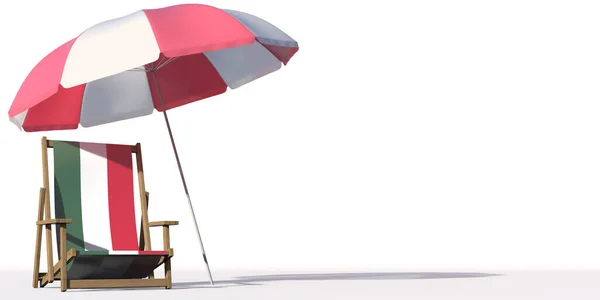 Bandera de Hungría en una silla de playa bajo un gran paraguas. Renderizado 3D conceptual de vacaciones o viajes — Foto de Stock