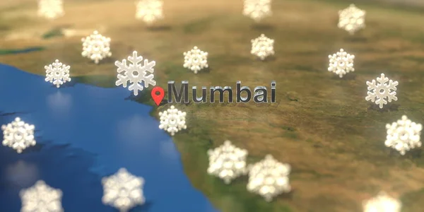 Mumbai cidade e ícone do tempo nevado no mapa, previsão meteorológica relacionada renderização 3D — Fotografia de Stock