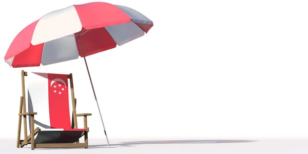 Cadeira de praia com bandeira de Singapura e guarda-chuva grande. Conceitos de viagem ou férias, renderização 3d — Fotografia de Stock