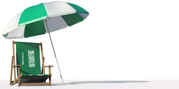 Bandera de Arabia Saudita en una silla de playa bajo un gran paraguas. Renderizado 3D conceptual de vacaciones o viajes — Foto de Stock