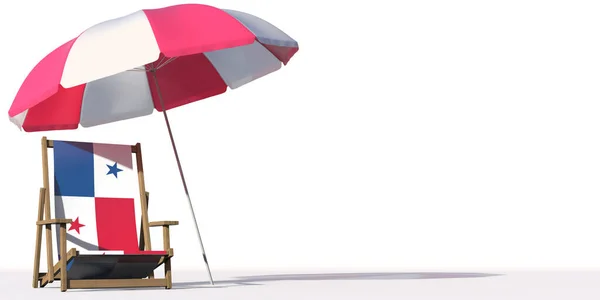 Bandera de Panamá en una silla de playa bajo gran sombrilla. Renderizado 3D conceptual de vacaciones o viajes —  Fotos de Stock