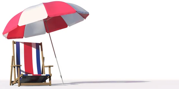 Sedia da spiaggia con bandiera della Costa Rica e grande ombrellone. Concetti di viaggio o vacanza, rendering 3d — Foto Stock