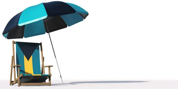 Flaga Bahamów na krześle plażowym pod dużym parasolem. Wakacje lub podróże koncepcyjne 3d rendering — Zdjęcie stockowe