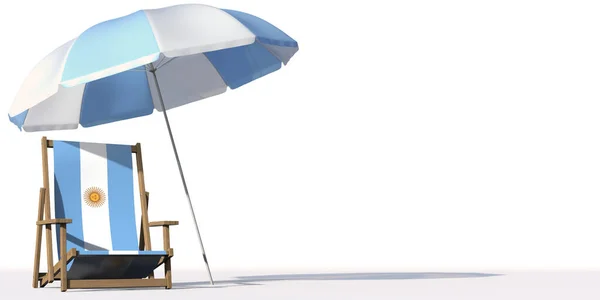 Vlag van Argentinië op een strandstoel onder grote paraplu. Vakantie of reis conceptuele 3d rendering — Stockfoto