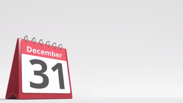 1 januari datum op de flip desk kalender pagina, lege ruimte voor gebruikerstekst, 3d animatie — Stockvideo