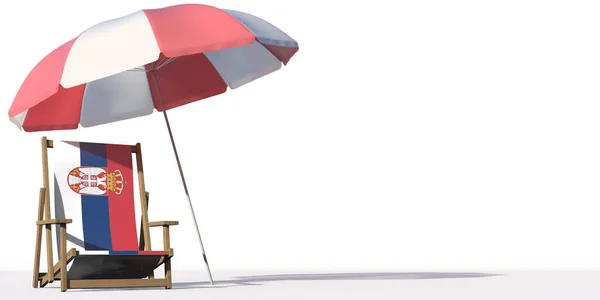 Καρέκλα παραλίας με σημαία Σερβίας και μεγάλη ομπρέλα. Έννοιες ταξιδιού ή διακοπών, 3d rendering — Φωτογραφία Αρχείου