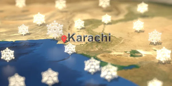 Снежные иконки погоды рядом с городом Карачи на карте, прогноз погоды на 3D рендеринг — стоковое фото