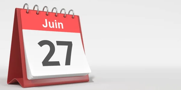 27 giugno data scritta in francese sulla pagina del calendario flip, rendering 3d — Foto Stock
