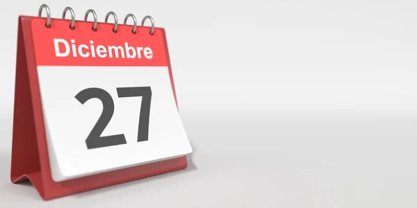 Dezembro 27 data escrita em espanhol no calendário flip, renderização 3d — Fotografia de Stock