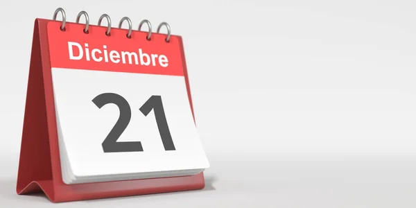 Dezembro 21 data escrita em espanhol no calendário flip, renderização 3d — Fotografia de Stock