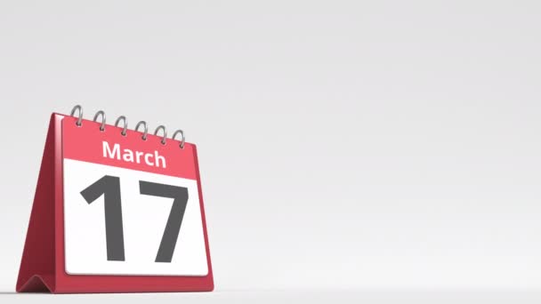 18 de marzo fecha en la página del calendario del flip desk, espacio en blanco para el texto del usuario, animación 3d — Vídeos de Stock