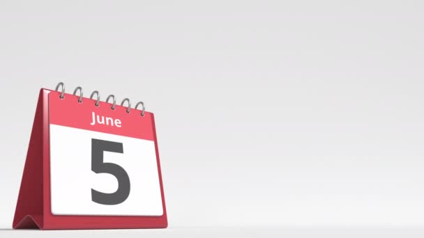 6 июня дата на странице календаря, пустое место для пользовательского текста, 3D анимация — стоковое видео